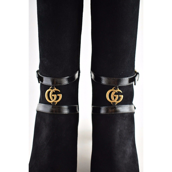Gucci Geraldine 55 Black Suede Patent GG Gold Logo Low Heel Knee High Boot 35 - Picture 8 of 12